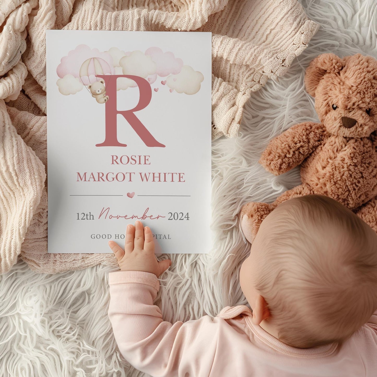 Personalised Pink Teddy Clouds Birth Print, Birth Details, Poster, New Baby Girl Gift, Baby Name Print, Sentimental, Nursery A4 A3 Wall Art