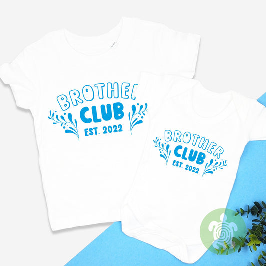 Brother Club with Personalised Year Tshirt, Bodysuit, Sweatshirt, Sleepsuit, Matching Set Gift, Big Bro Announcement, Newborn Gift, Brothers