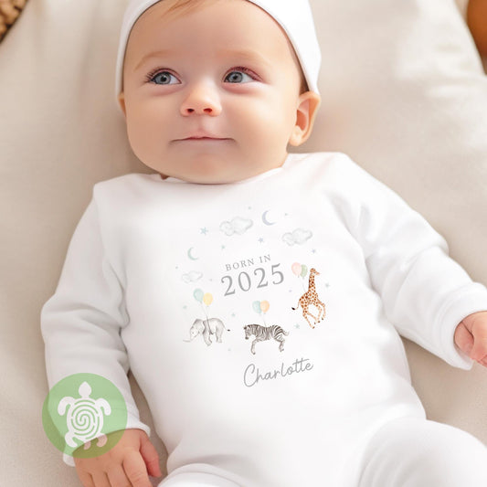 Personalised Born In Safari Balloons gift set | Personalised Sleepsuit Baby Vest|  keepsake Gift | Coming home outfit |Baby Boy Girl Outfit