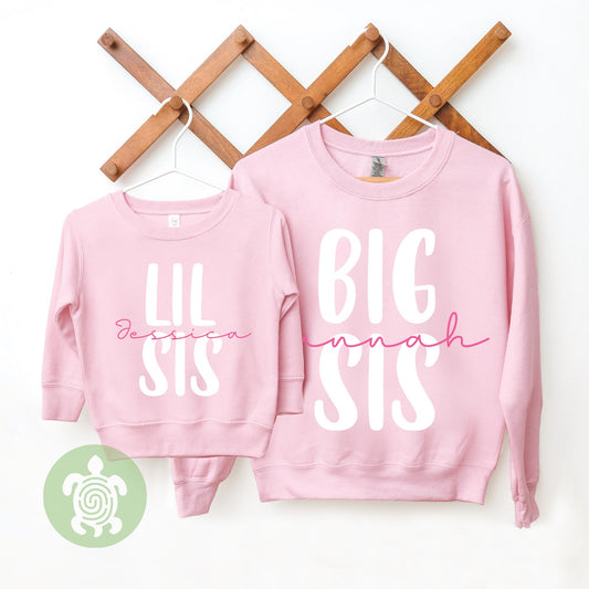 Personalised Girls Lil Big Biggest Sis Baby Pink Sweatshirt Romper Sibling Sisters Matching Children's | Baby Gift Set