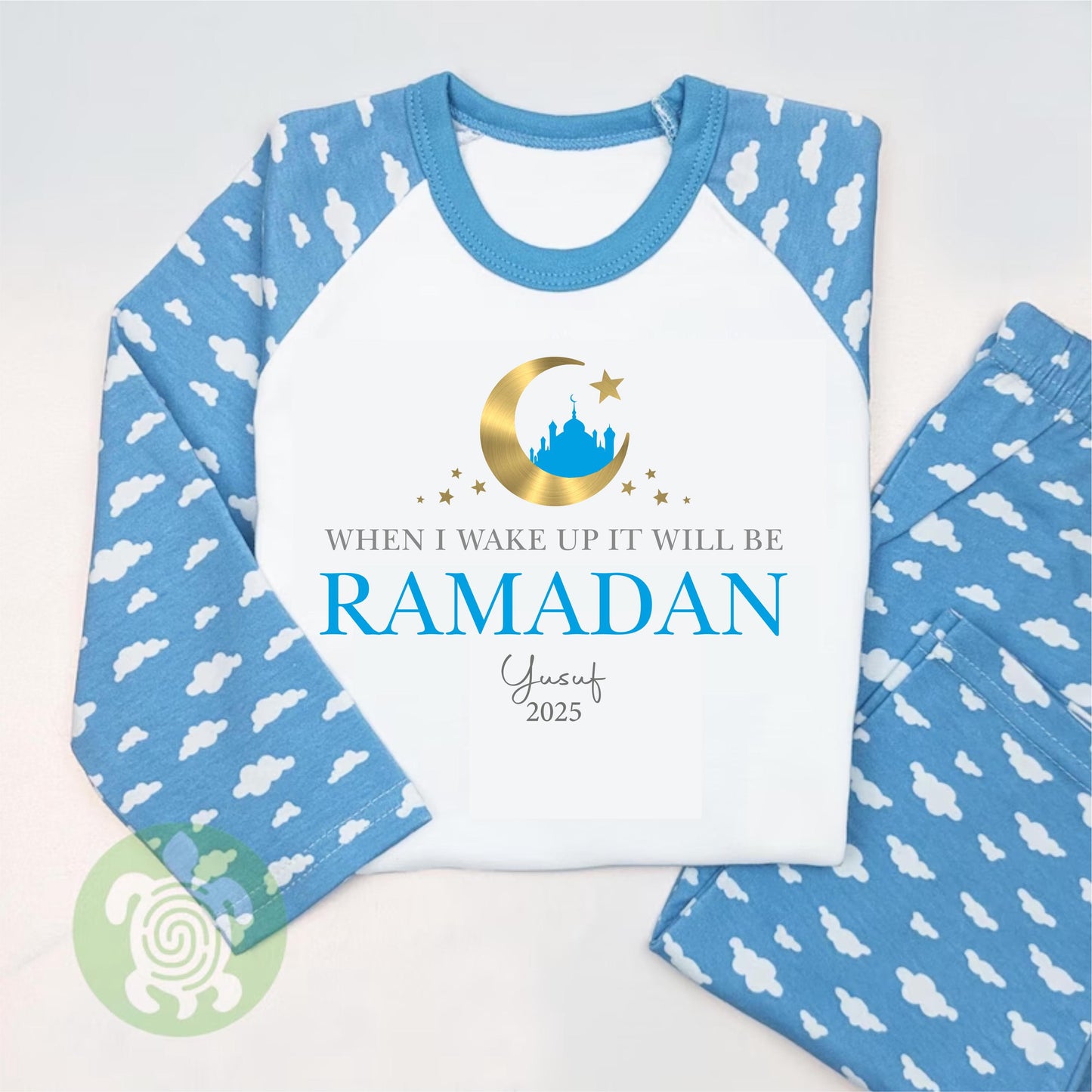 Personalised When I wake up Eid Mubarak Pyjamas, Children's Eid Pyjama, Celebration Pyjamas, Eid Ramadan, Baby Toddler, Pink Blue Cloud