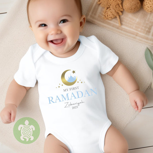 Personalised Baby Blue My First Ramadan, Babygrow Romper/Sleepsui,t T-shirt Girl, Ramadan Mubarak, 1st Eid Gift, Baby Newborn Occasion