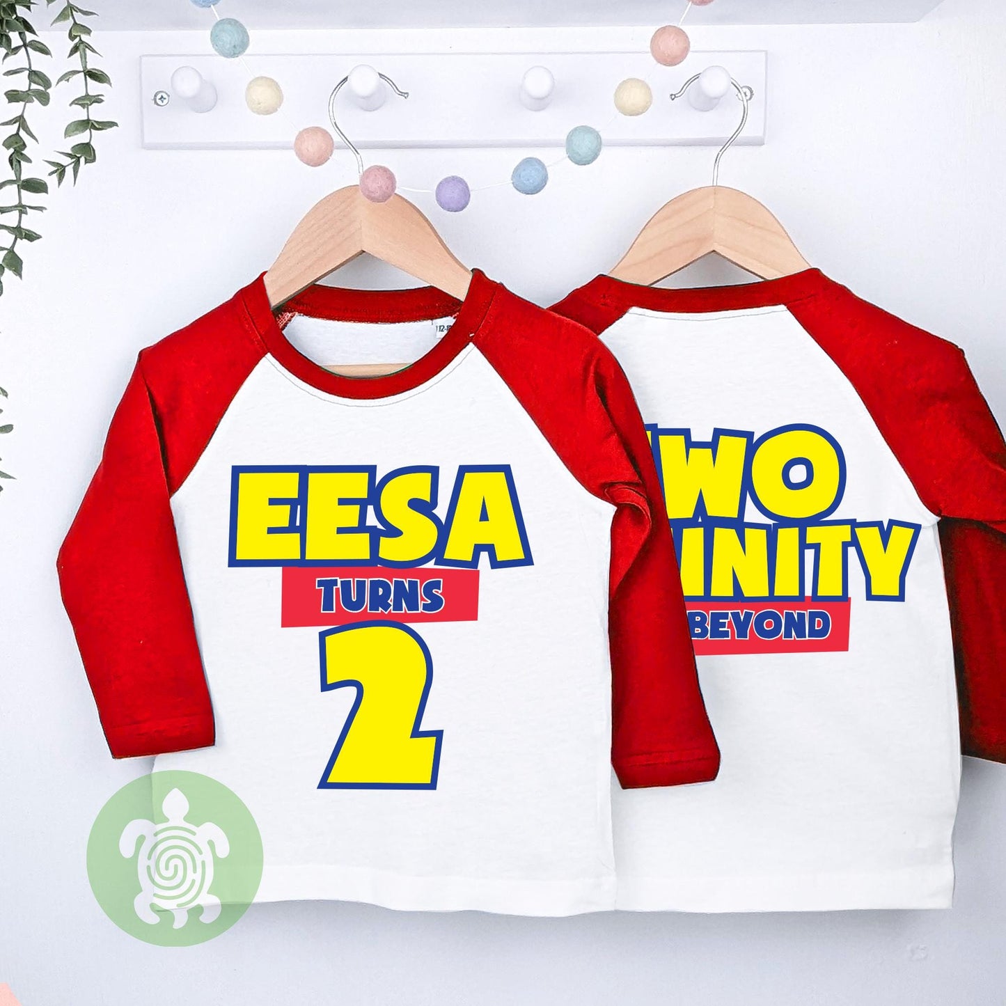 Children's Personalised  Two Infinity and Beyond Movie Themed Birthday, Boy Girl Party Baseball or White T-shirt, Front and Back Print