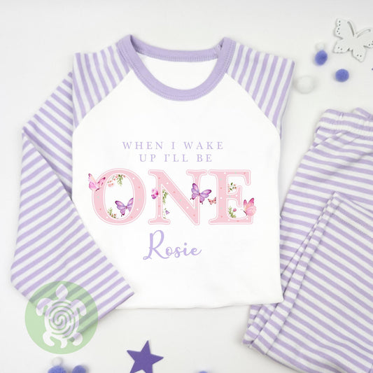 Childrens Purple Butterfly Birthday Pj's Personalised with Any Age, When I Wake Up, Pink Stripe Pyjamas Toddler, Birthday Girl, 1st Birthday