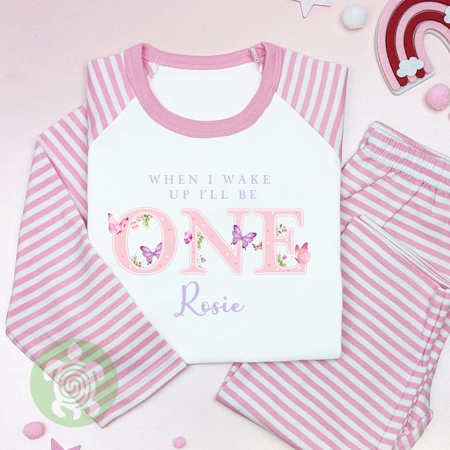 Childrens Purple Butterfly Birthday Pj's Personalised with Any Age, When I Wake Up, Pink Stripe Pyjamas Toddler, Birthday Girl, 1st Birthday