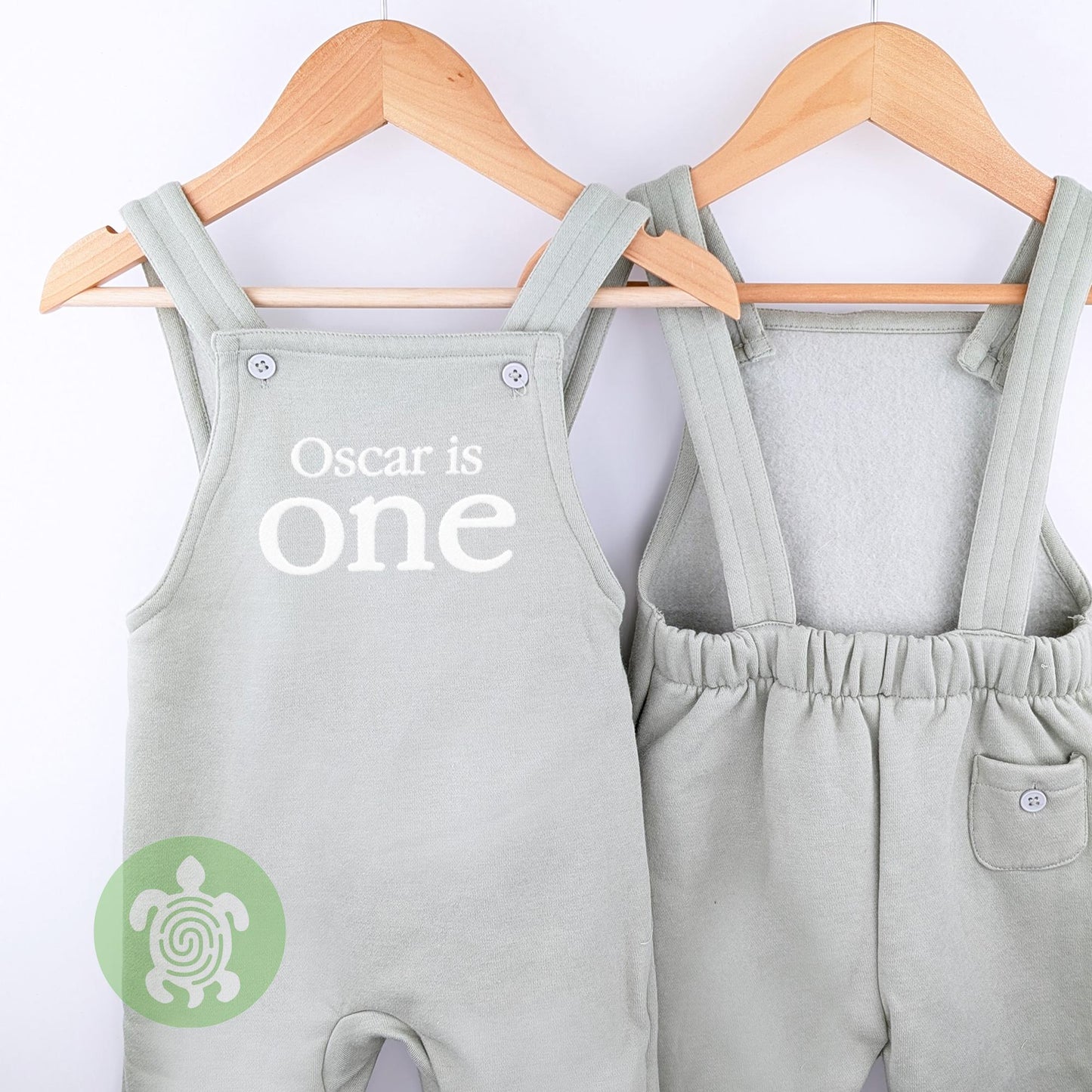Any Age Personalised Embroidered Birthday Sage Fleece Dungarees Set, 1st Party Outfit with Colour Print, Childs Clothing, Birthday Outfit