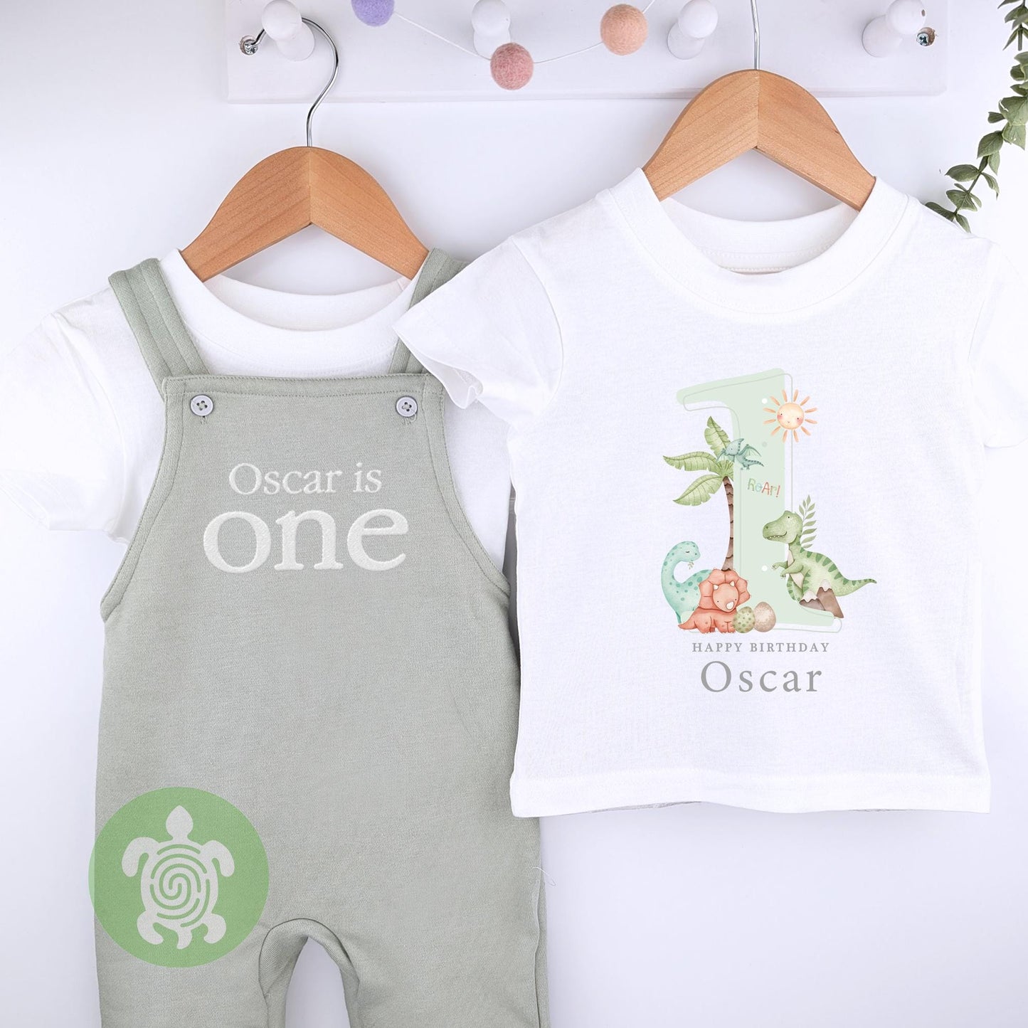 Any Age Personalised Embroidered Birthday Sage Fleece Dungarees Set, 1st Party Outfit with Colour Print, Childs Clothing, Birthday Outfit