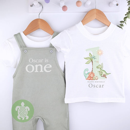 Any Age Personalised Embroidered Birthday Sage Fleece Dungarees Set, 1st Party Outfit with Colour Print, Childs Clothing, Birthday Outfit