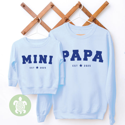 Papa and Mini Matching Light Blue Adults and Childs Sweatshirt Jumper Set Father's Day Gift Birthday Gift Baby Son Established Date