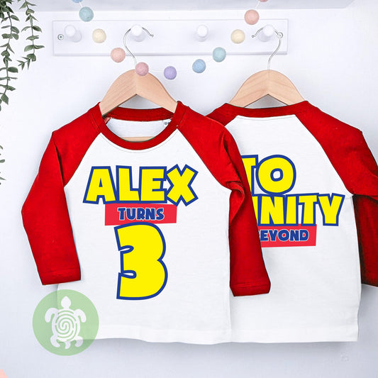 Toy Story Themed Any Age To Infinity & Beyond Movie Themed Birthday, White T-shirt, Personalised 1st 2nd Birthday, Front and Back Print