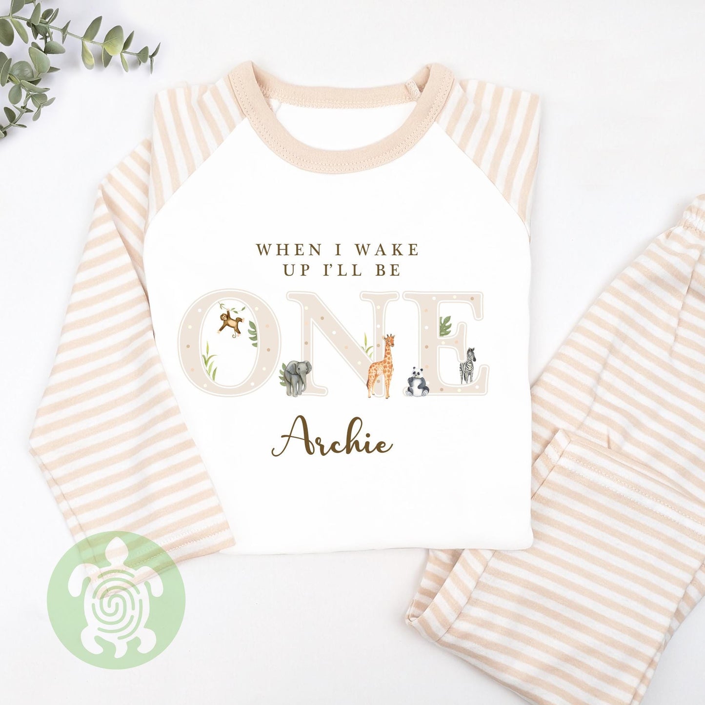 Neutral Safari Jungle 1st 2nd 3rd Birthday Pj's, Personalised Birthday, When I Wake Up Pyjamas, Natural Stripe Set, Boy Girl Any Age