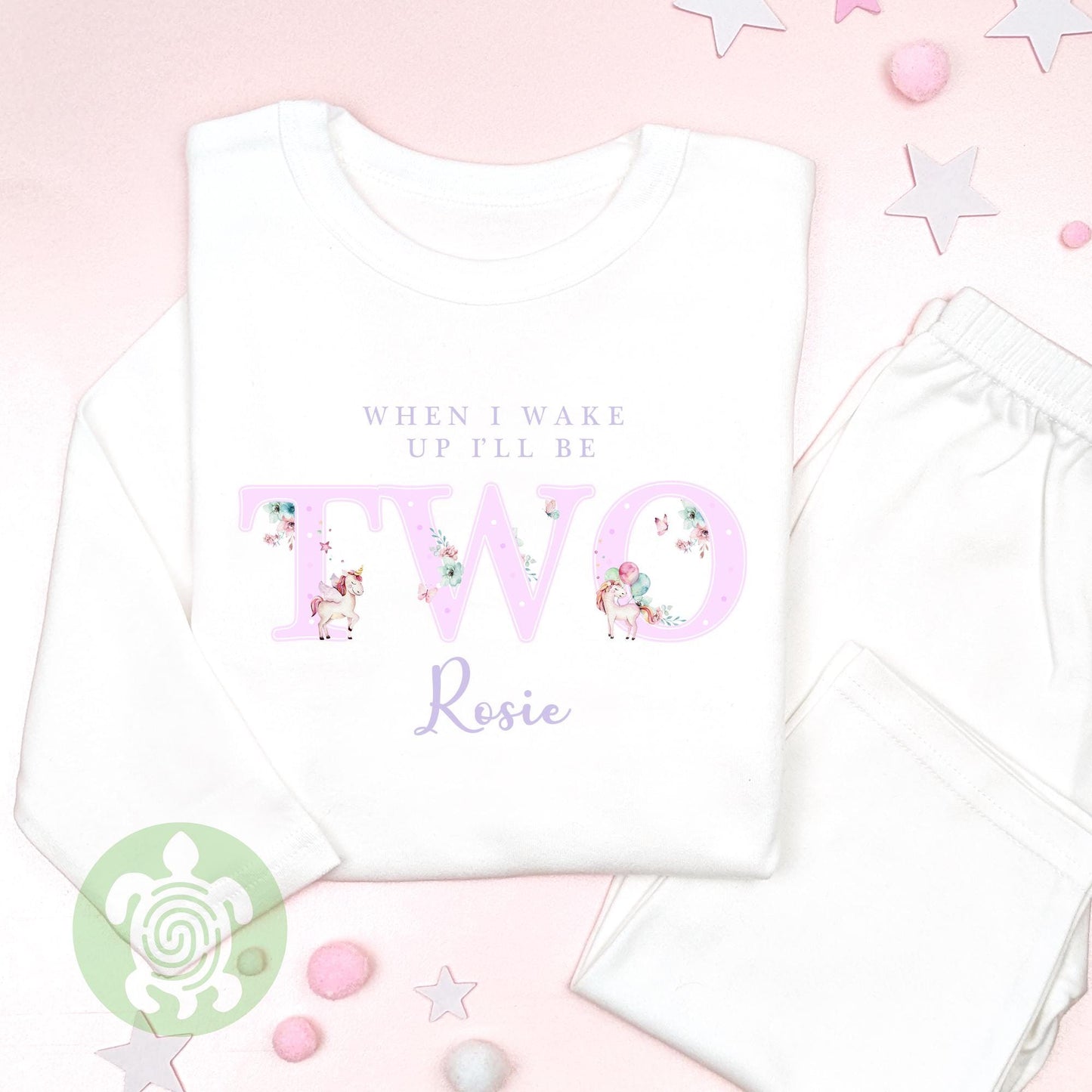 Watercolour Purple Unicorn 1st 2nd Birthday Pj's Personalised First Second Birthday When I Wake Up Stripe or White Pyjamas in Lilac Print