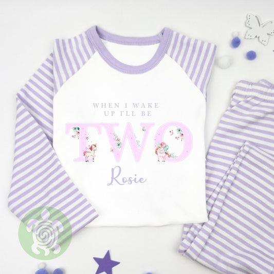 Watercolour Purple Unicorn 1st 2nd Birthday Personalised Kids Outfit, Birthday Morning Set, Custom Name Cotton Clothing, Tight-fitting style