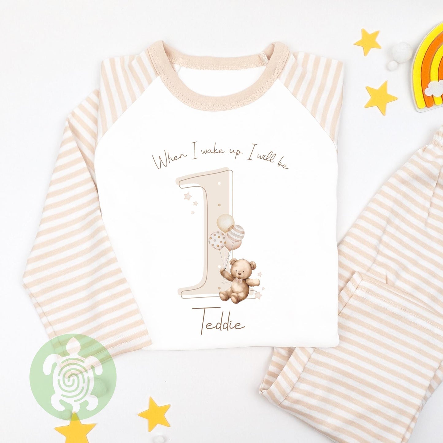 Personalised Neutral Brown Teddy Shadow Any Age Birthday Pyjamas, Children Toddler, Birthday Gift, Birthday Pyjamas, 1st 2nd Birthday Outfit