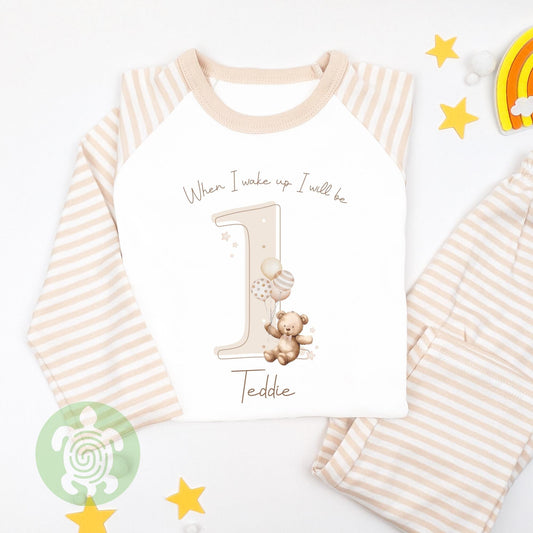 Personalised Neutral Brown Teddy Shadow Any Age Birthday Pyjamas, Children Toddler, Birthday Gift, Birthday Pyjamas, 1st 2nd Birthday Outfit
