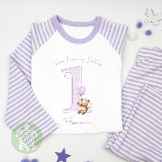 Personalised Purple Lilac Teddy Shadow Any Age Birthday Pyjamas, Children Toddler, Birthday Gift, Birthday Pyjamas, 1st 2nd Birthday Outfit