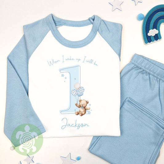 Baby Blue Teddy Shadow Any Age Personalised Kids Outfit, Birthday Morning Set, Custom Name Cotton Clothing Set, Tight-fitting style