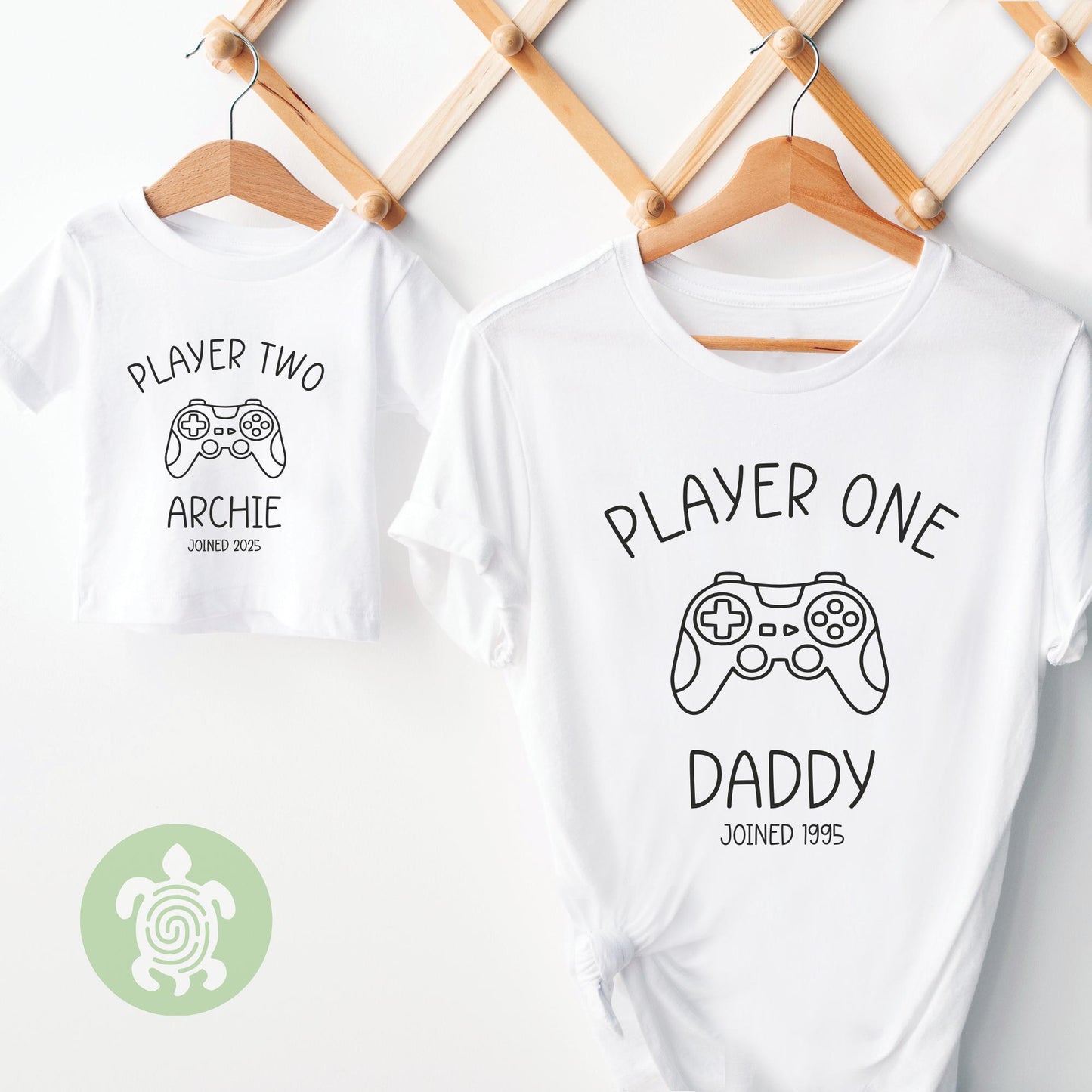Personalised Matching Player One Player Two, Daddy, Gamer, Baby, Toddler + Dad Girl Boy,  Father's Day, Navy White Tshirt Matching Babygrow