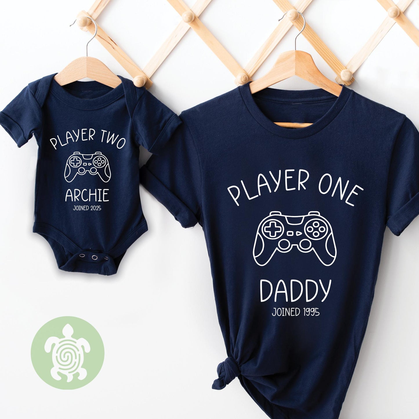 Personalised Matching Player One Player Two, Daddy, Gamer, Baby, Toddler + Dad Girl Boy,  Father's Day, Navy White Tshirt Matching Babygrow