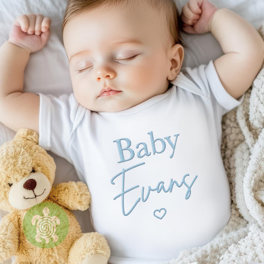 Blue Embroidered Personalised Baby Sleepsuit, New Baby Gift, Newborn Baby Gift, Personalised Surname or Name Baby Announcement, Baby Shower