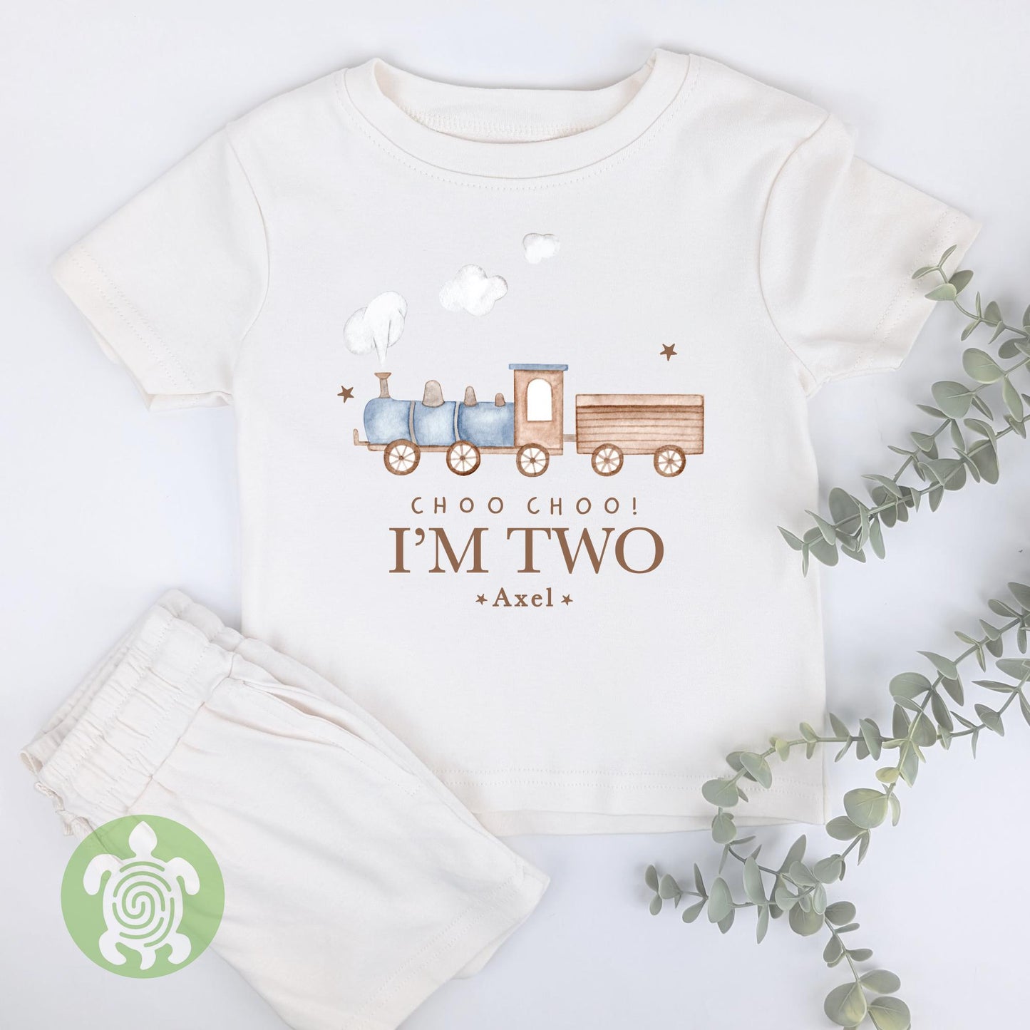 Personalised Birthday Train Choo Choo Oat Cotton Shorts Set, Any Age, Children's Girl or Boy, Toddler Unisex Outfit, Summer T-shirt Kids