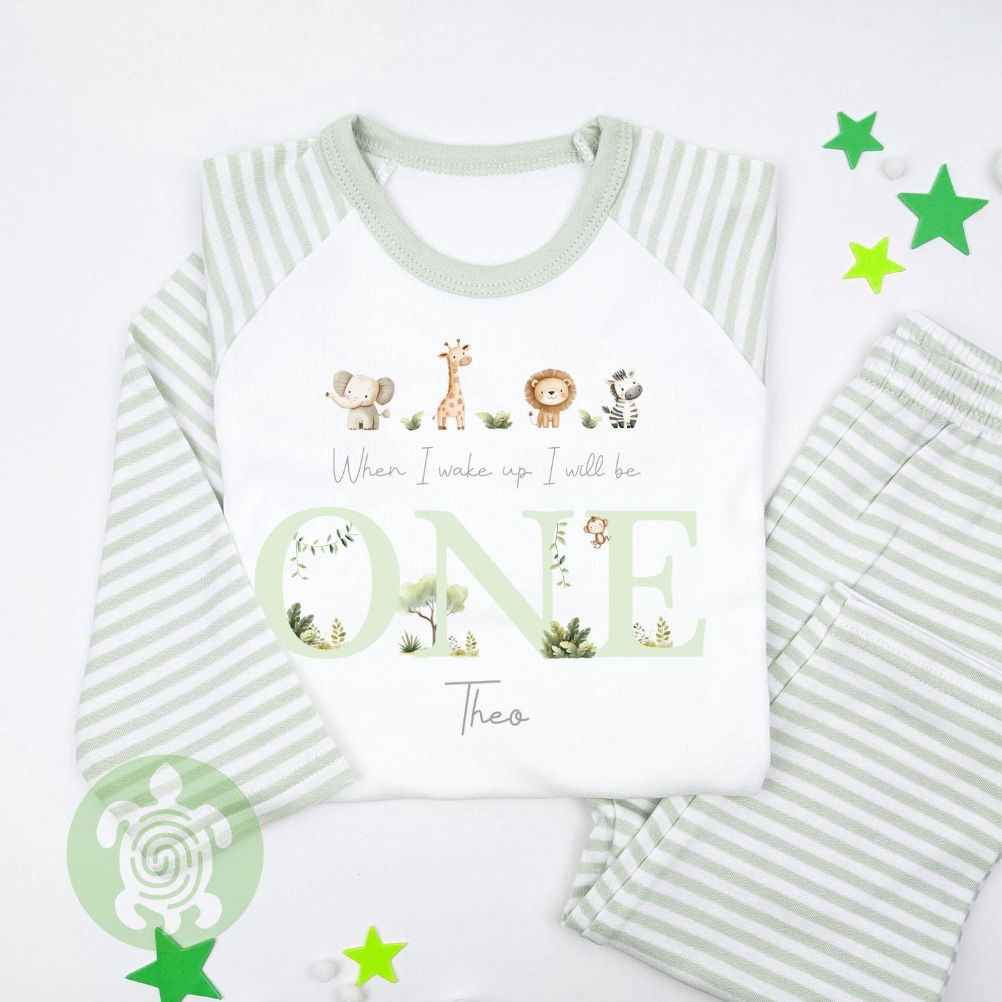Neutral Green Four Safari Animals Personalised Children's, Any Age, When I Wake Up Birthday, Boy Girl Birthday Outfit, 1st 2nd, Birthday Eve