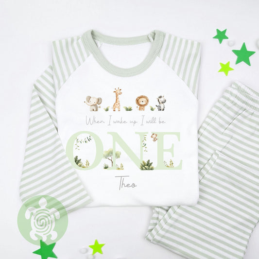 Neutral Green Four Safari Animals Personalised Children's, Any Age, When I Wake Up Birthday, Boy Girl Birthday Outfit, 1st 2nd, Birthday Eve