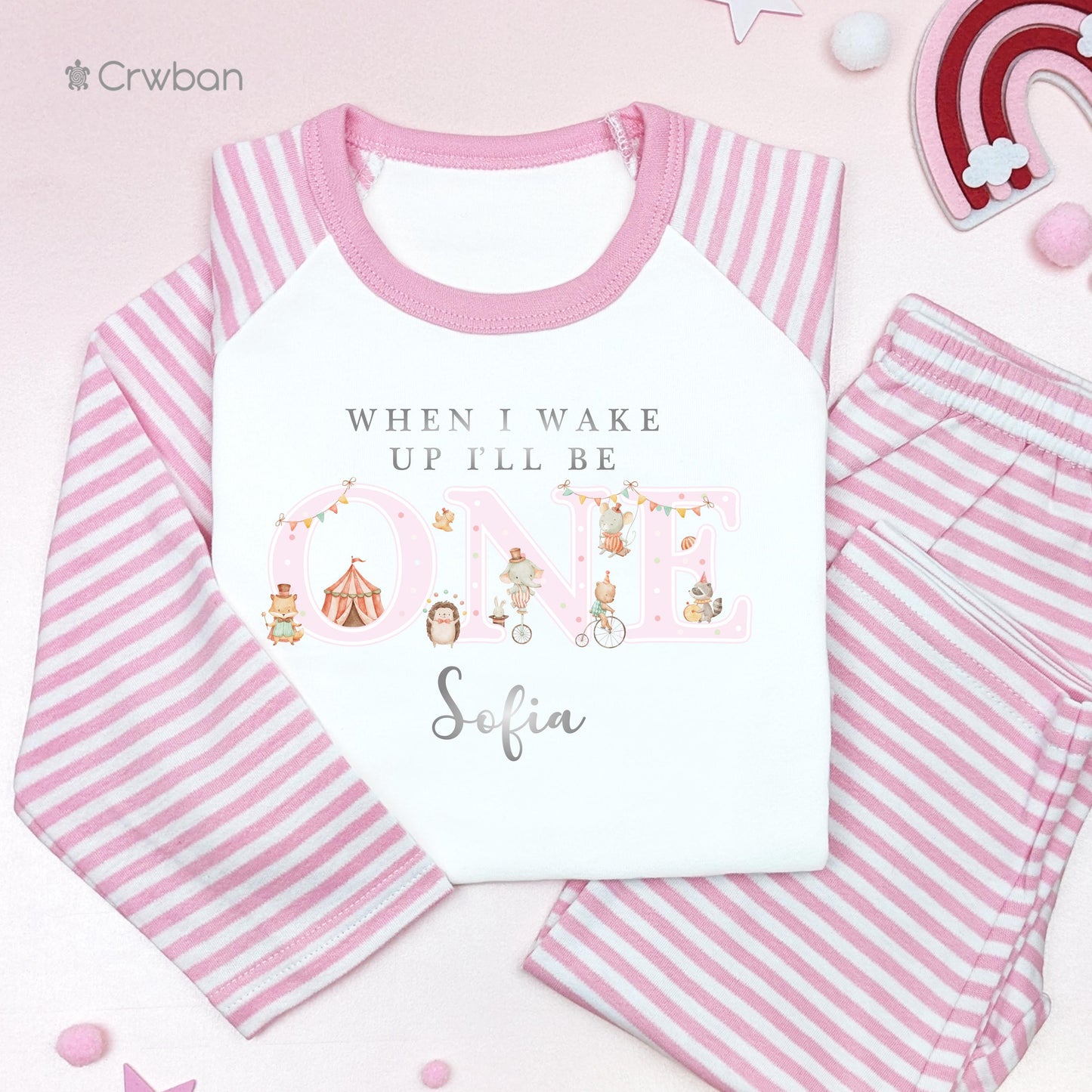 Pink Circus Friends Personalised Birthday Pyjamas, Any Age, When I Wake Up I'll Be Birthday, Birthday Nightwear, Girl Birthday Outfit