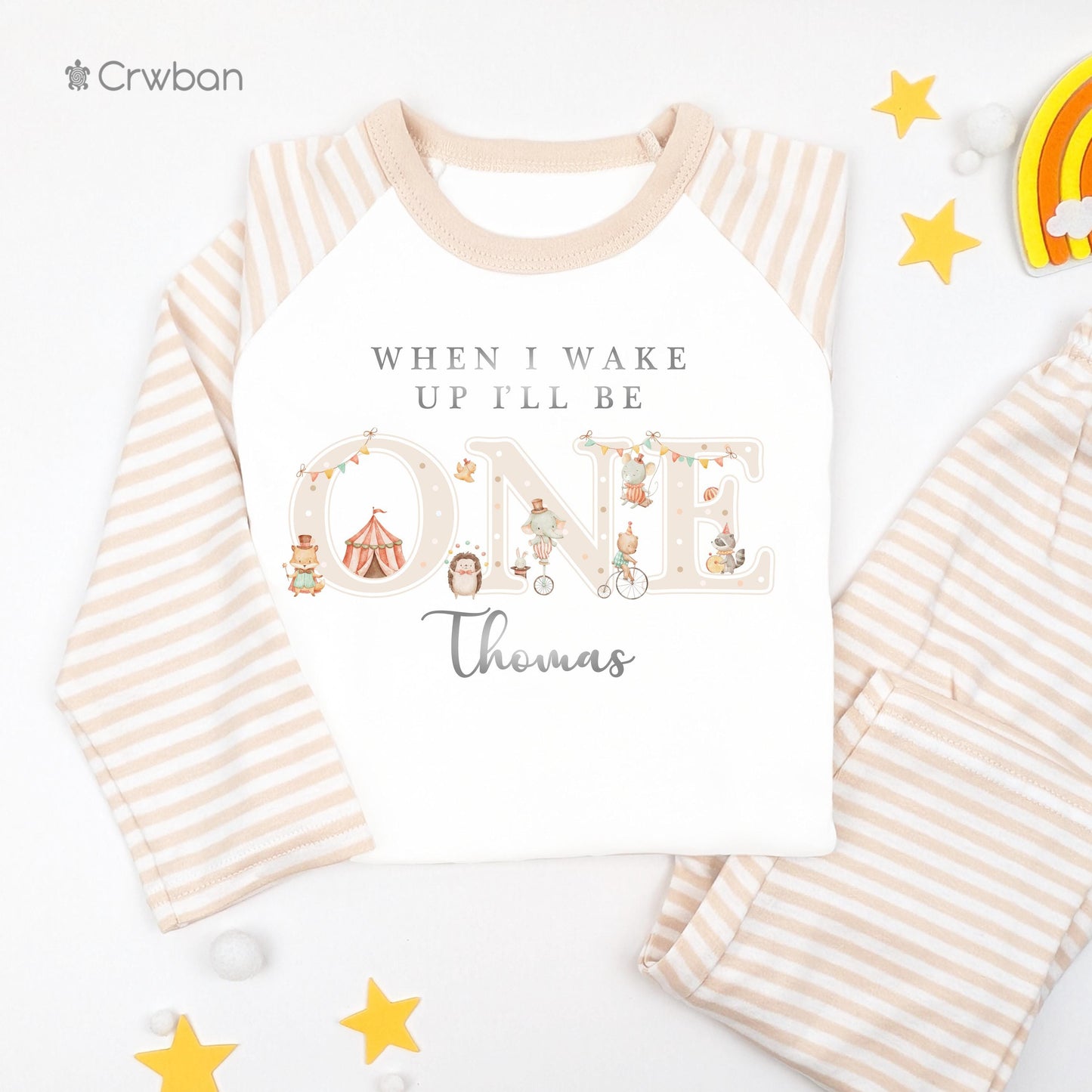 Neutral Circus Friends Personalised Kids Outfit, Birthday Morning Set, Custom Name Cotton Clothing, Tight-fitting style