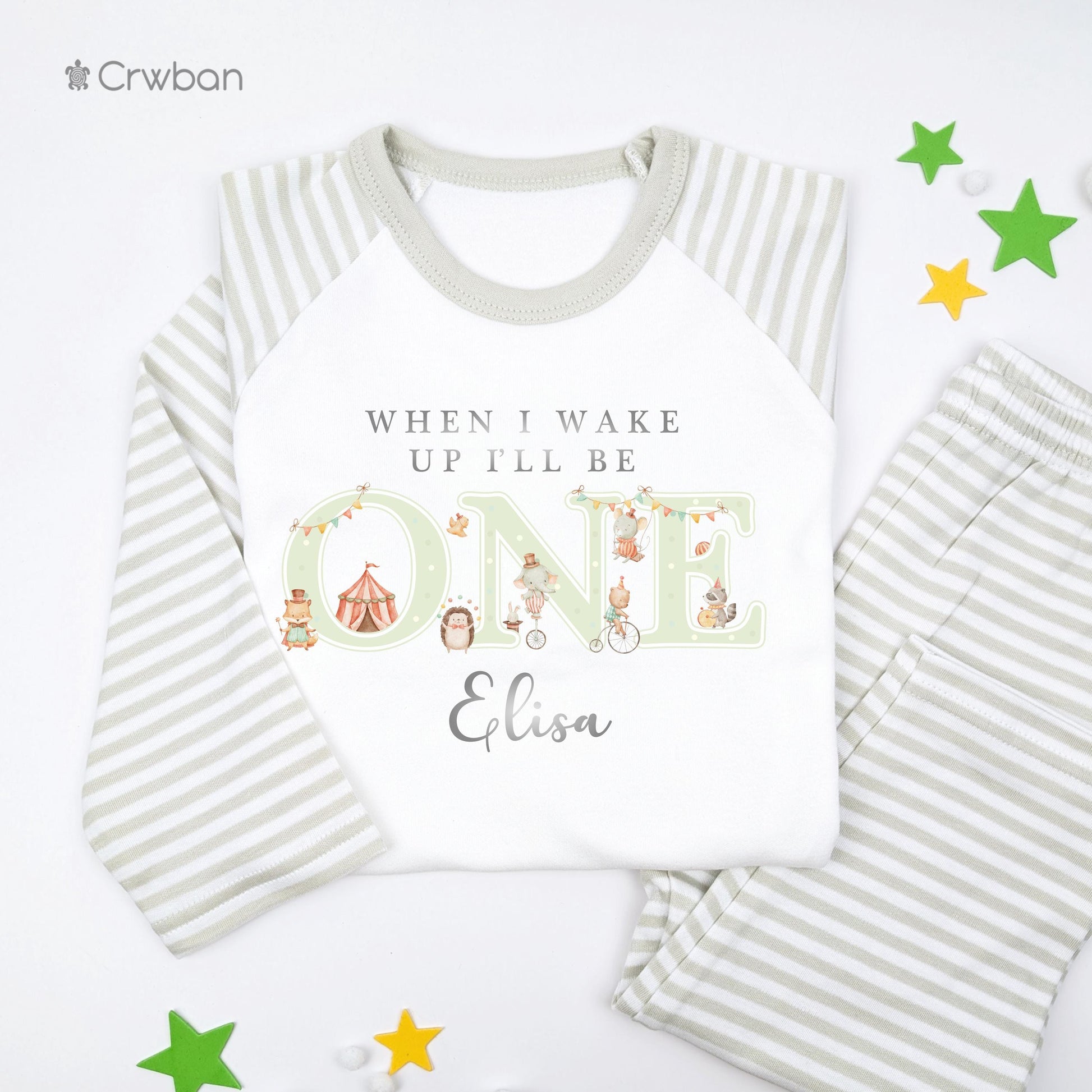 Green Circus Friends When I Wake Any Age Personalised Kids Outfit, Birthday Morning Set, Custom Name Cotton Clothing, Tight-fitting style
