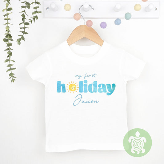 Blue Personalised Cute Sun I'm Going on Holiday, Babyvest, Children's T Shirt, First Holiday Sleepsuit, First Holiday, First Time Flyer