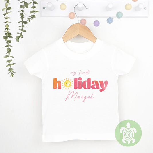 Pink Personalised Cute Sun I'm Going on Holiday, Babyvest, Children's T Shirt, First Holiday Sleepsuit, First Holiday, First Time Flyer