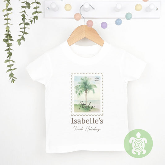 Personalised Postage Stamp Summer Holiday Tshirt, Babyvest, Children's Outfit, First Holiday Sleepsuit, First Holiday, First Time Flyer