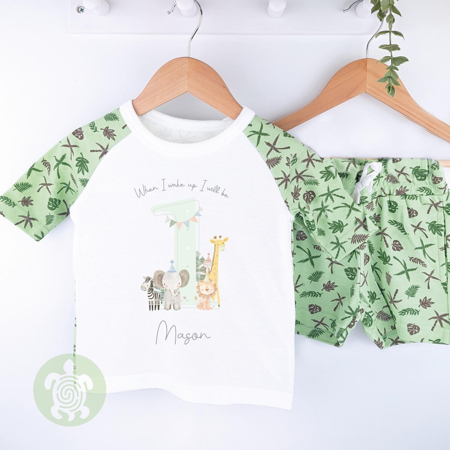 Green Themed Any Age Birthday Boys Palm Tree Shorts & T-shirt Pj's Set, 1st Birthday, Children Toddler Personalised Pyjamas, Birthday Boy