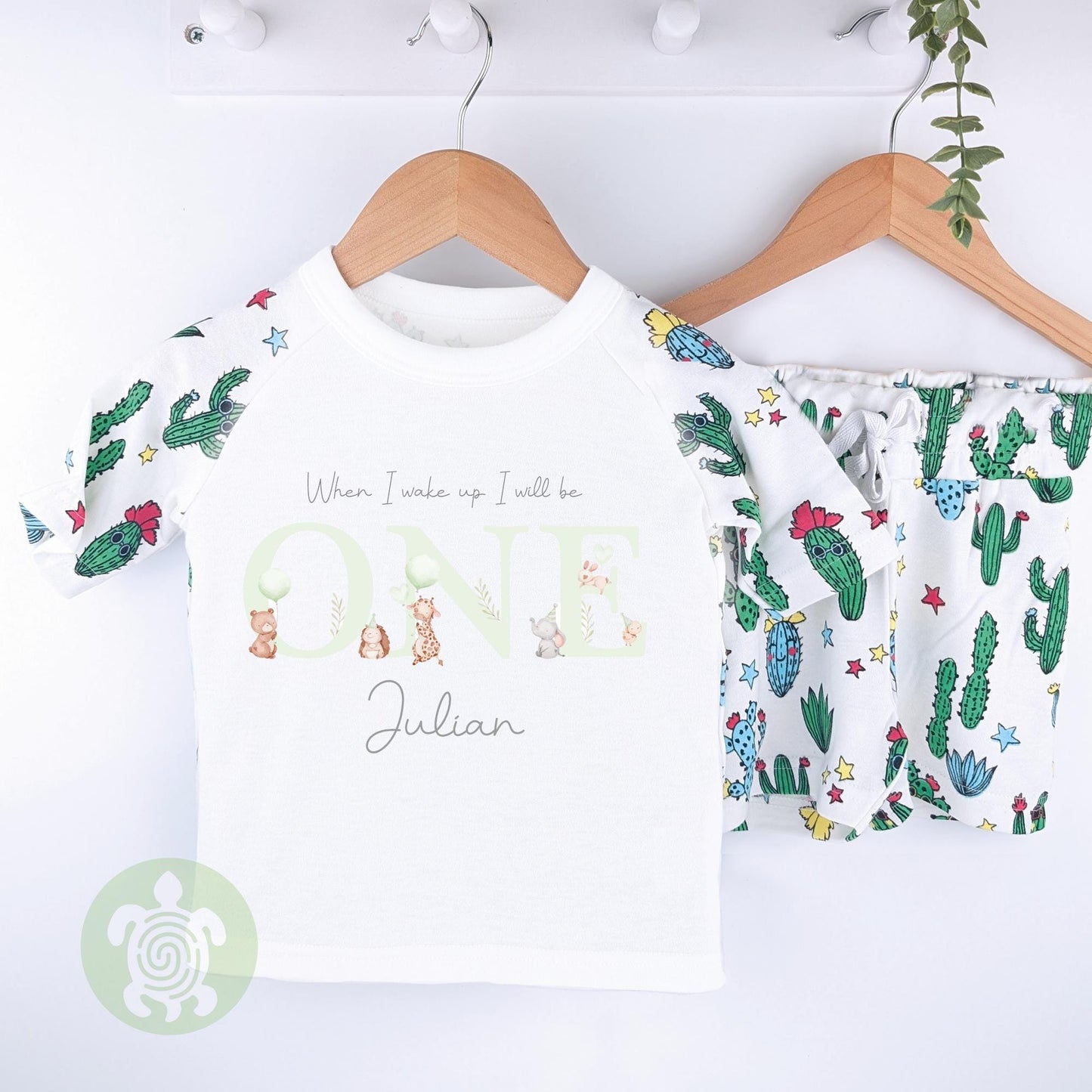 Blue/Green Themed Any Age Birthday Boys Cactus Shorts & T-shirt Pj's Set, 1st Birthday, Children Toddler Personalised Pyjamas, Birthday Boy