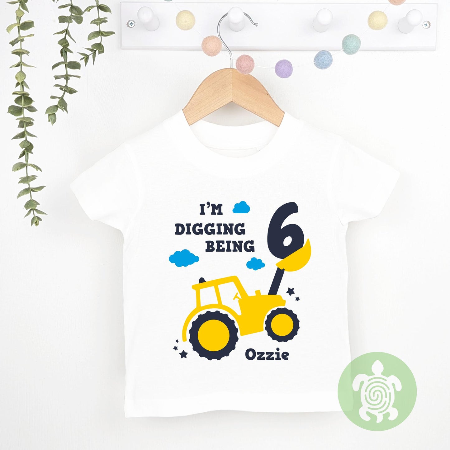 Digger Themed Birthday Party Top |  Personalised Birthday Gift| White or Long Sleeve Baseball T-Shirt | Personalised Any Age Birthday Top