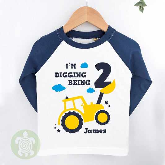 Digger Themed Birthday Party Top |  Personalised Birthday Gift| White or Long Sleeve Baseball T-Shirt | Personalised Any Age Birthday Top