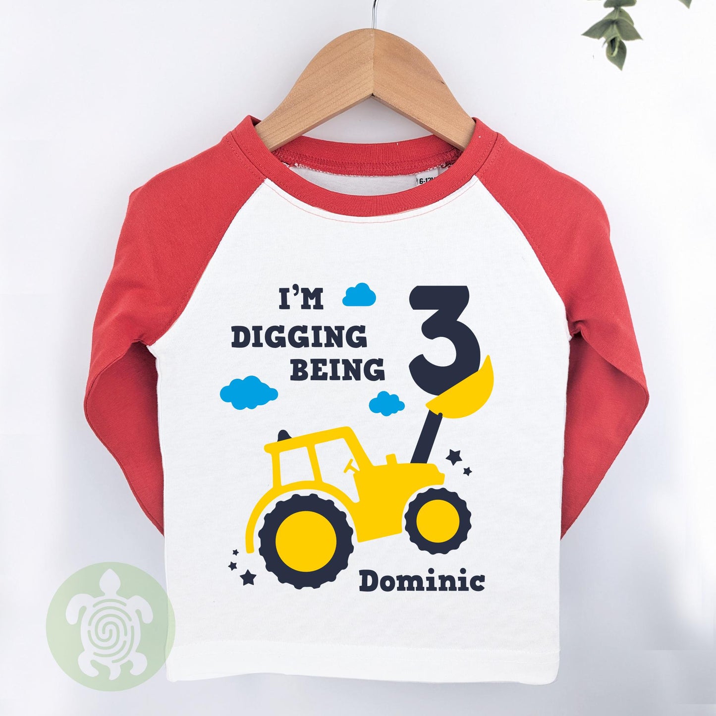 Digger Themed Birthday Party Top |  Personalised Birthday Gift| White or Long Sleeve Baseball T-Shirt | Personalised Any Age Birthday Top