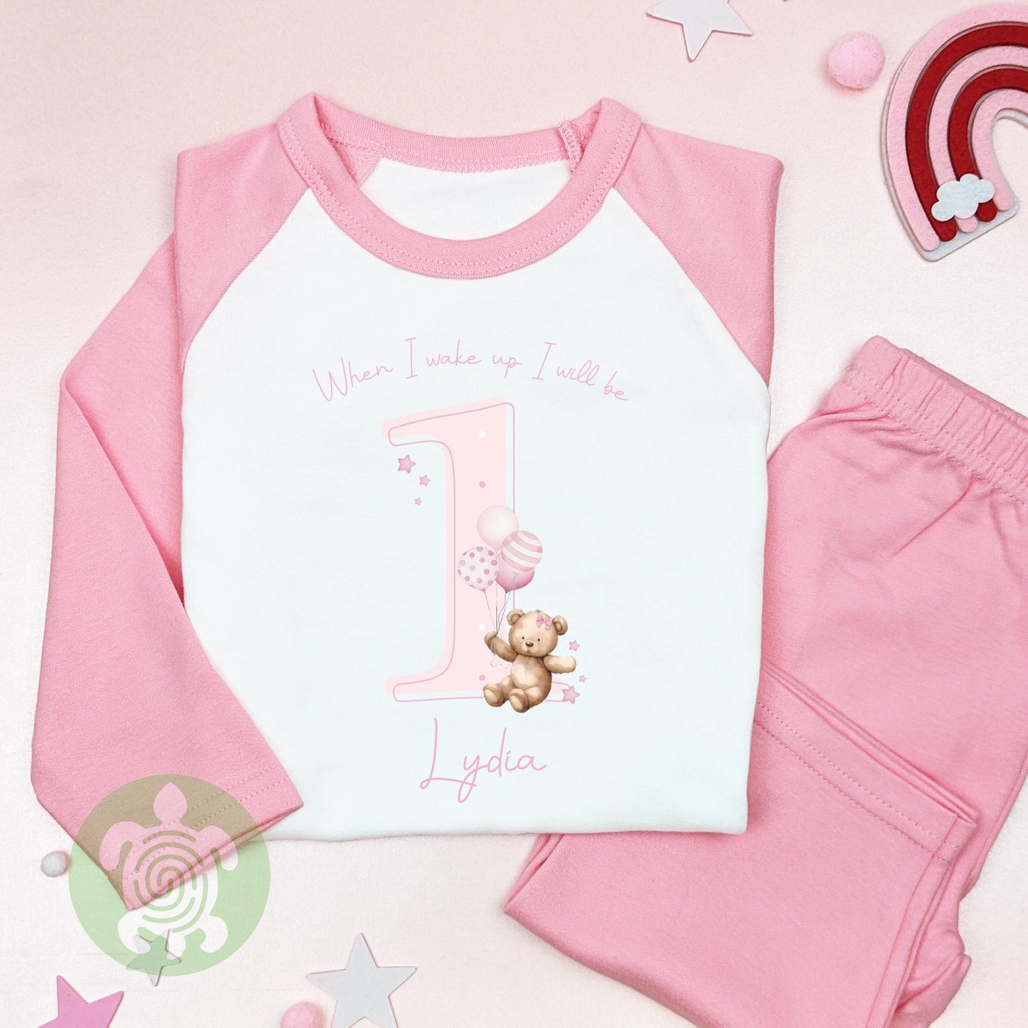 Baby Pink Teddy Shadow Any Age Birthday Personalised Kids Outfit, Morning Set, Custom Name Cotton Clothing Set, Tight-fitting style