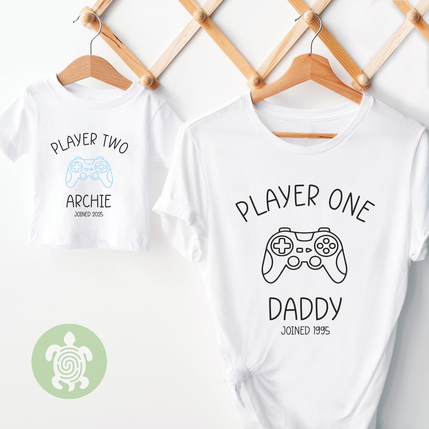Personalised Matching Player One Player Two, Daddy, Gamer, Baby, Toddler + Dad Girl Boy,  Father's Day, Navy White Tshirt Matching Babygrow