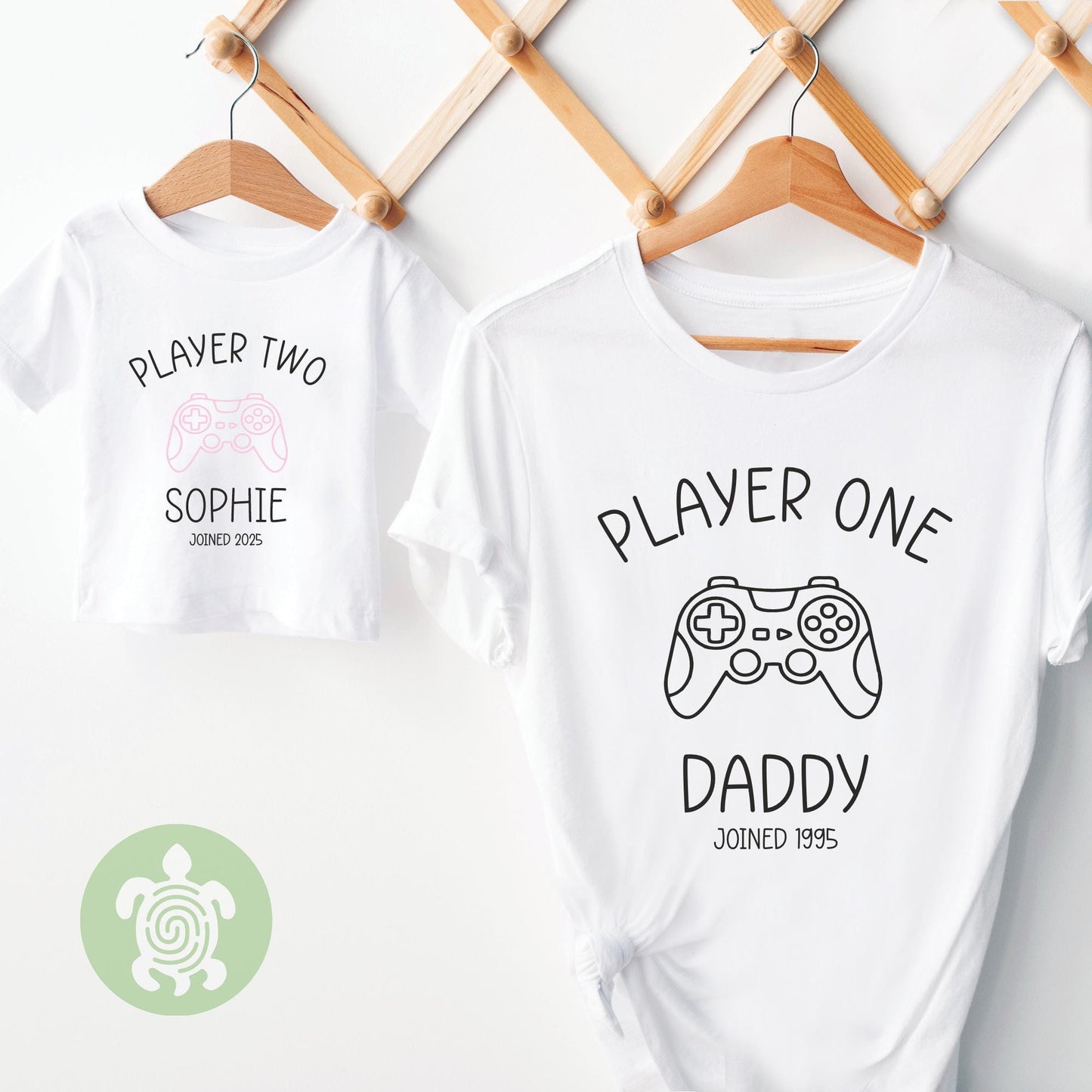 Personalised Matching Player One Player Two, Daddy, Gamer, Baby, Toddler + Dad Girl Boy,  Father's Day, Navy White Tshirt Matching Babygrow