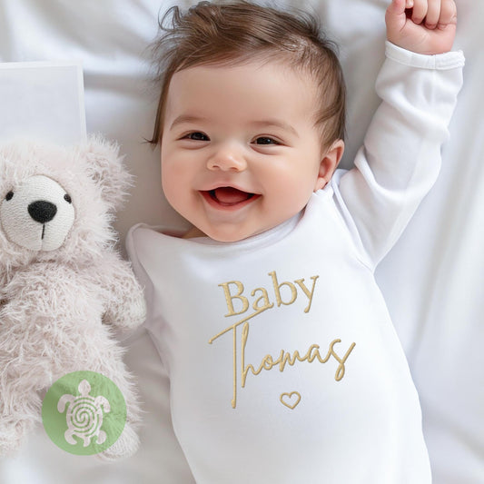 Beige Embroidered Personalised Baby Sleepsuit, New Baby Gift, Newborn Baby Gift, Personalised Surname or Name Baby Announcement, Baby Shower