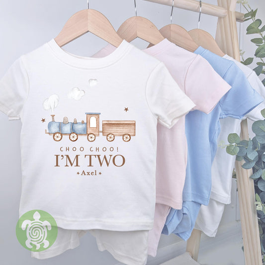 Personalised Birthday Train Choo Choo Oat Cotton Shorts Set, Any Age, Children's Girl or Boy, Toddler Unisex Outfit, Summer T-shirt Kids