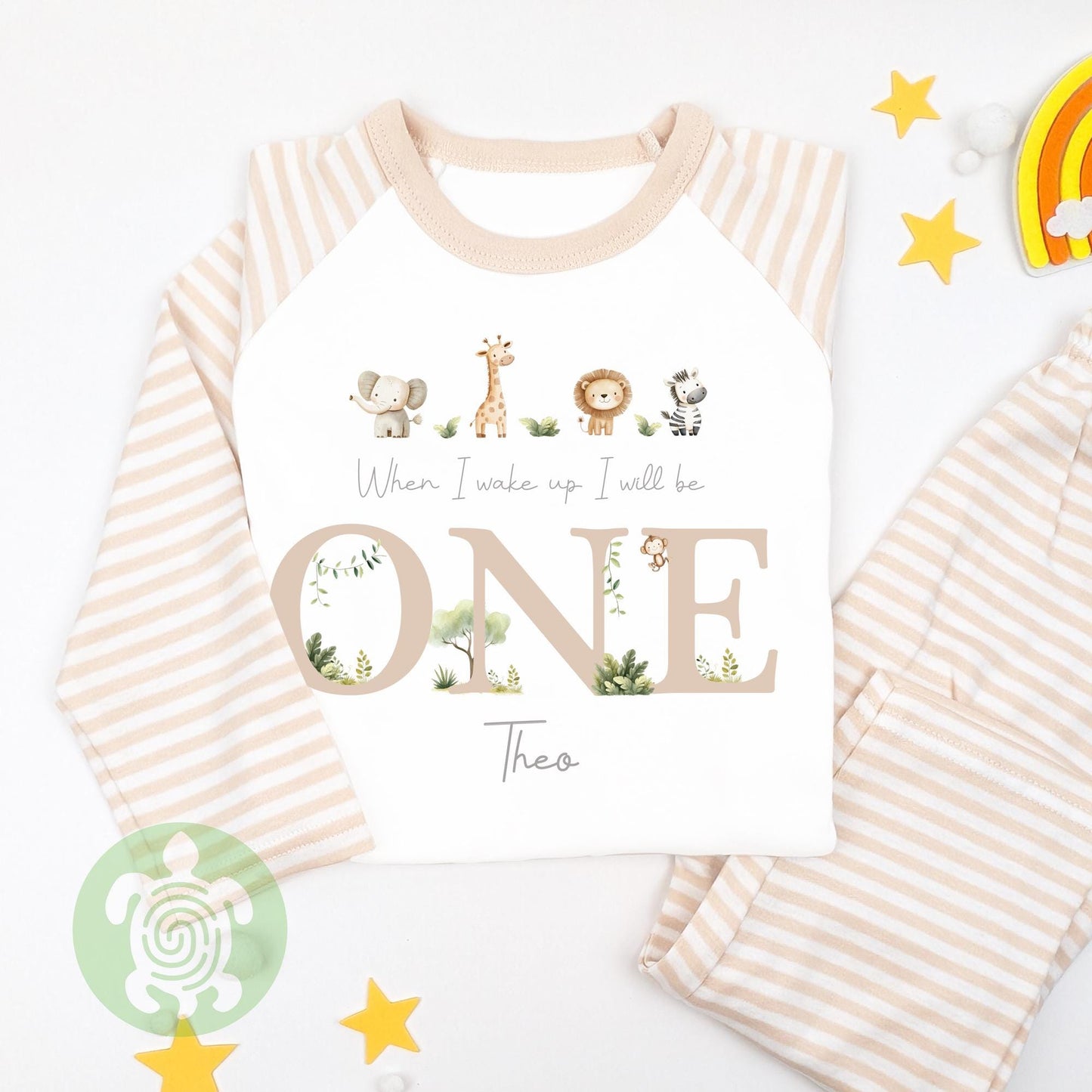 Neutral Beige Four Safari Animals Personalised Children's, Any Age, When I Wake Up Birthday, Boy Girl Birthday Outfit, 1st 2nd, Birthday Eve