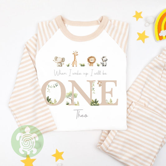 Neutral Beige Four Safari Animals Personalised Children's, Any Age, When I Wake Up Birthday, Boy Girl Birthday Outfit, 1st 2nd, Birthday Eve