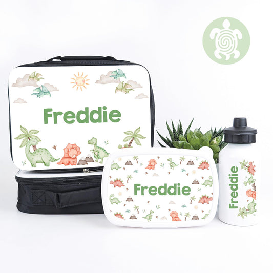 Personalised Dinosaur Lunch Bag, Snack Box & Water Bottle Set - Kids Lunch Bag - Boys Lunch Box - Kids Water Bottles - Boys back to school