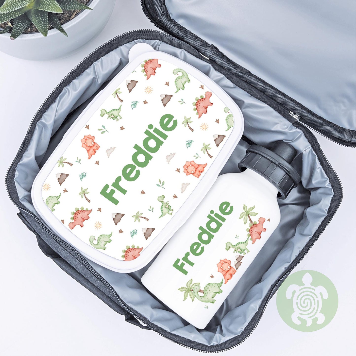 Personalised Dinosaur Lunch Bag, Snack Box & Water Bottle Set - Kids Lunch Bag - Boys Lunch Box - Kids Water Bottles - Boys back to school