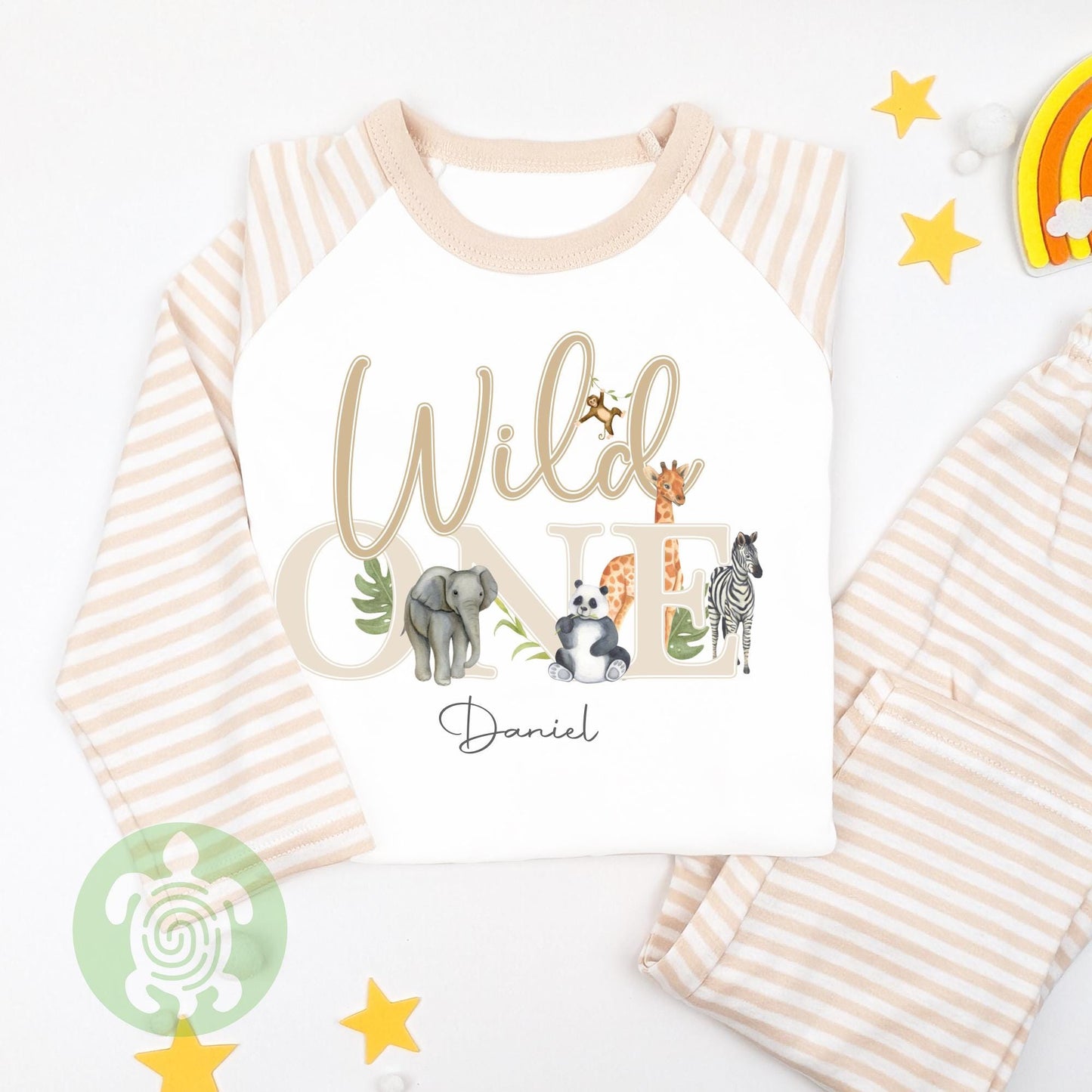 Neutral Wild One Safari Personalised Kids Outfit, 1st Birthday Morning Animal Set, Custom Name Cotton Clothing Set, Tight-fitting style