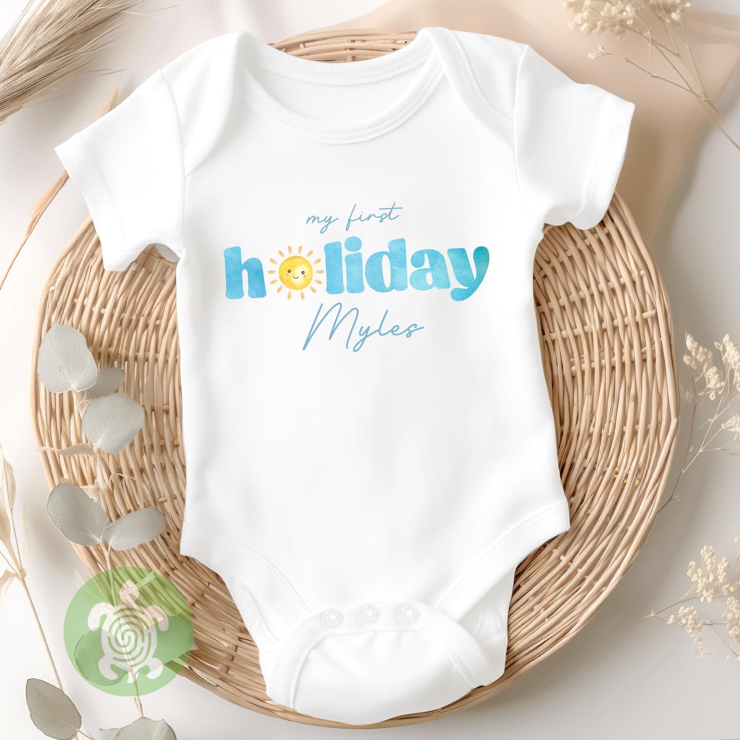 Blue Personalised Cute Sun I'm Going on Holiday, Babyvest, Children's T Shirt, First Holiday Sleepsuit, First Holiday, First Time Flyer