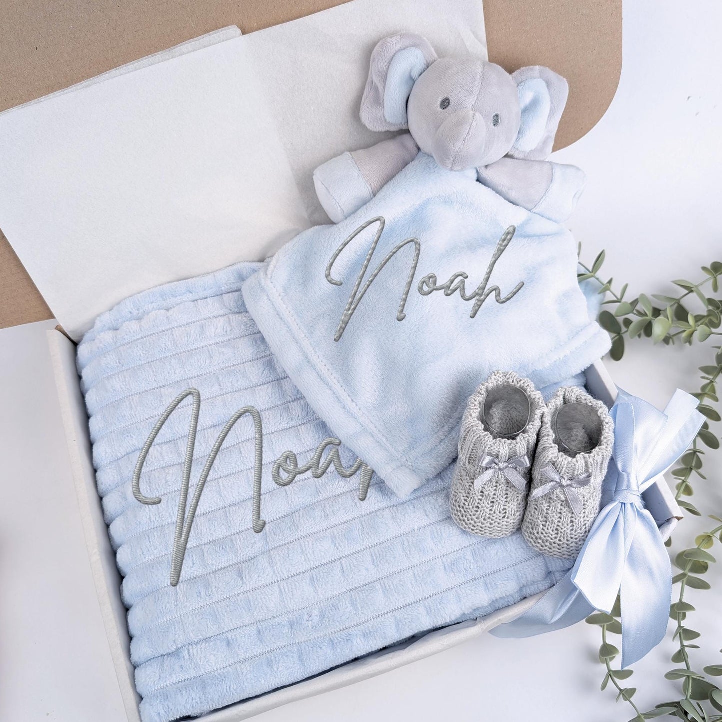 Embroidered Blue Elephant Comforter Blanket Gift Set | Baby Shower Gift | Baby Booties | Baby Gift | Newborn Girl Boy | Newborn Baby Gift